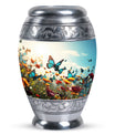 Large urn for human ashes with vibrant, lively butterflies design, designed as a loving tribute for a mother