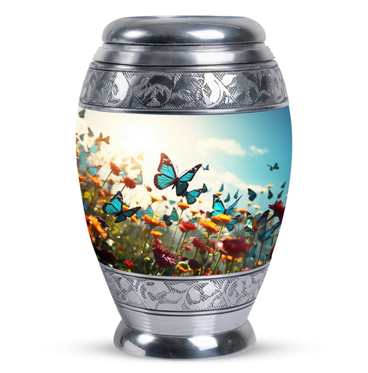 Large urn for human ashes with vibrant, lively butterflies design, designed as a loving tribute for a mother