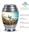 Large urn for human ashes with vibrant, lively butterflies design, designed as a loving tribute for a mother
