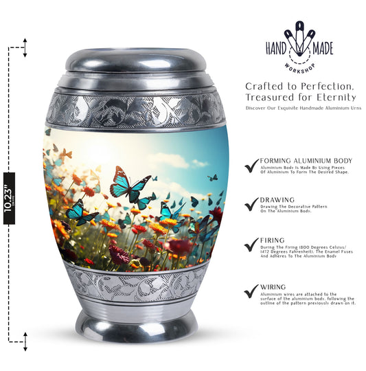 Large urn for human ashes with vibrant, lively butterflies design, designed as a loving tribute for a mother