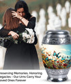 Large urn for human ashes with vibrant, lively butterflies design, designed as a loving tribute for a mother