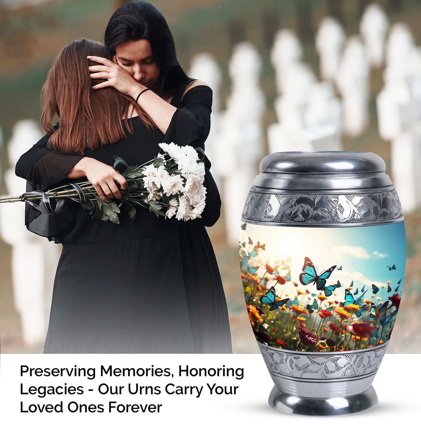 Large urn for human ashes with vibrant, lively butterflies design, designed as a loving tribute for a mother