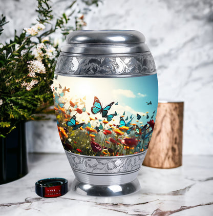 Large urn for human ashes with vibrant, lively butterflies design, designed as a loving tribute for a mother