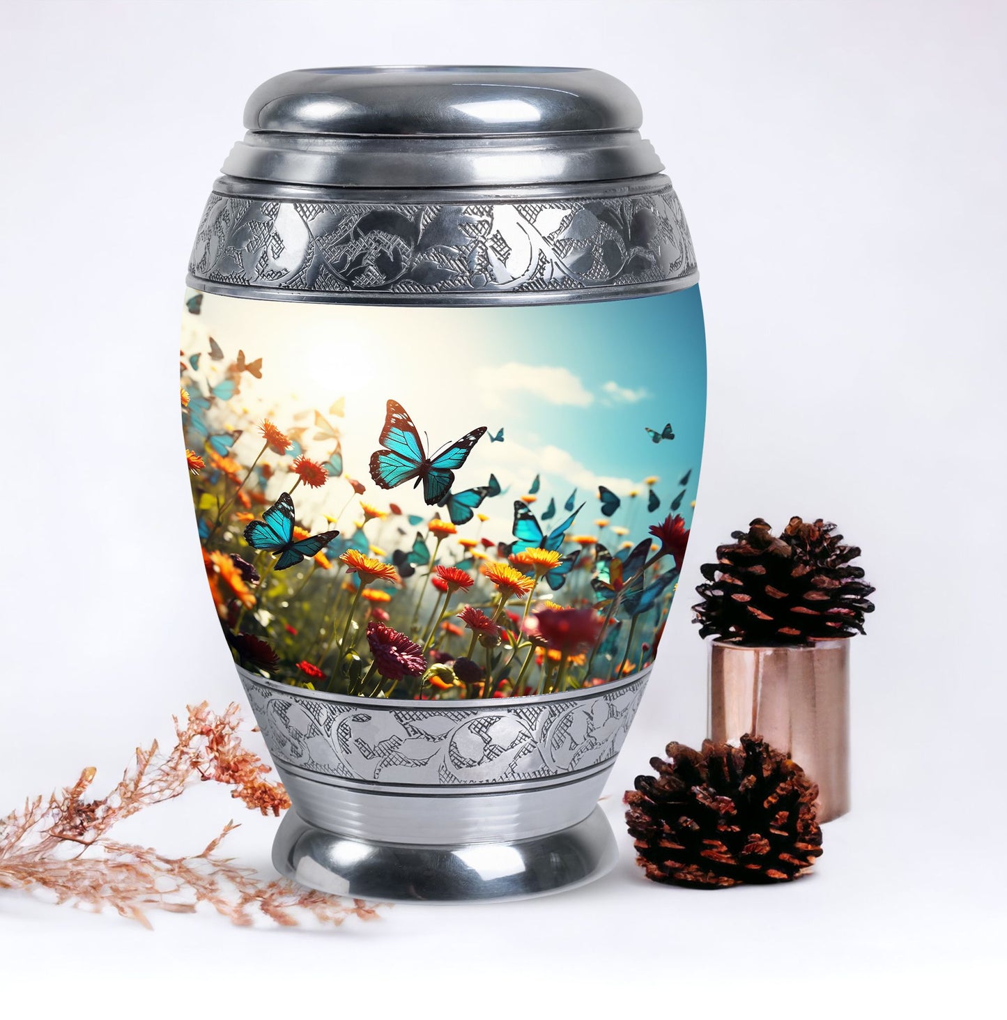 Large urn for human ashes with vibrant, lively butterflies design, designed as a loving tribute for a mother