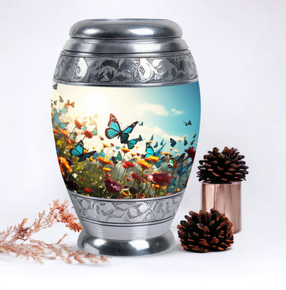 Large urn for human ashes with vibrant, lively butterflies design, designed as a loving tribute for a mother