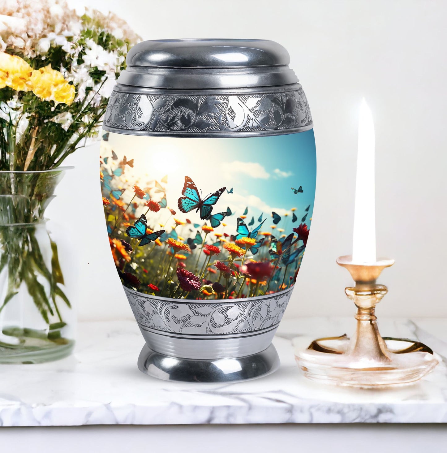 Large urn for human ashes with vibrant, lively butterflies design, designed as a loving tribute for a mother