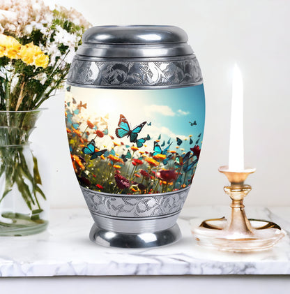 Large urn for human ashes with vibrant, lively butterflies design, designed as a loving tribute for a mother