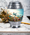 Large urn for human ashes with vibrant, lively butterflies design, designed as a loving tribute for a mother