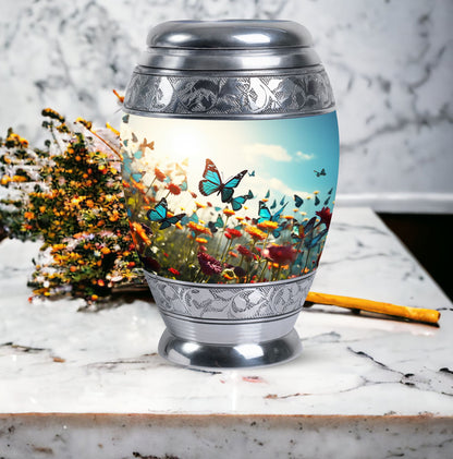 Large urn for human ashes with vibrant, lively butterflies design, designed as a loving tribute for a mother