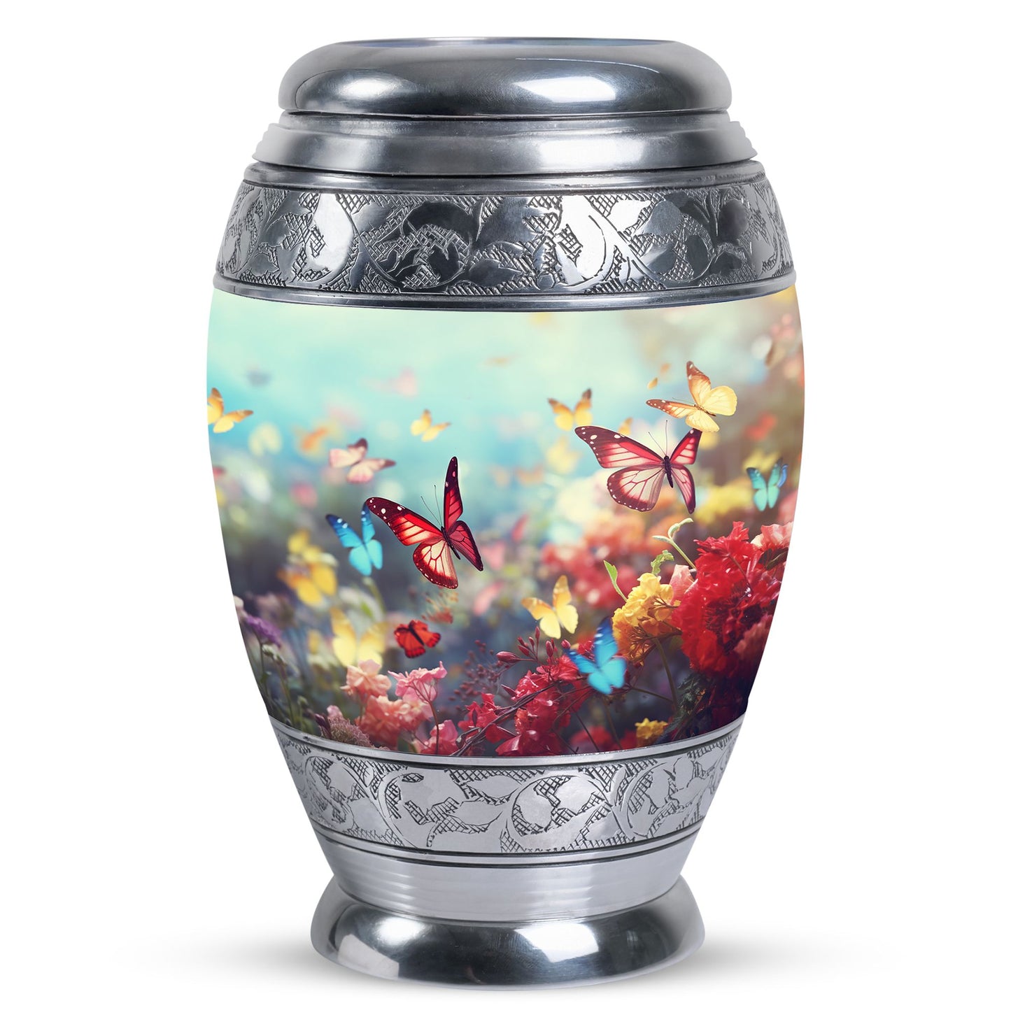 Charming funeral urn for women demonstrating colorful butterflies symbolizing spirit ascension, excellent for human ashes storage
