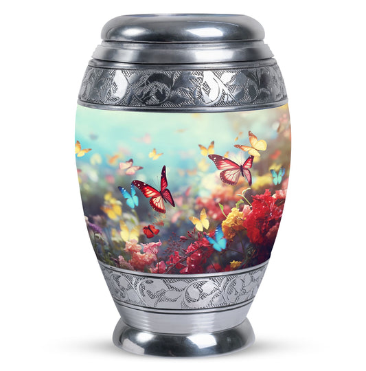 Charming funeral urn for women demonstrating colorful butterflies symbolizing spirit ascension, excellent for human ashes storage