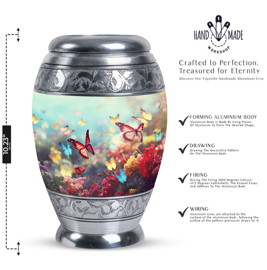 Charming funeral urn for women demonstrating colorful butterflies symbolizing spirit ascension, excellent for human ashes storage