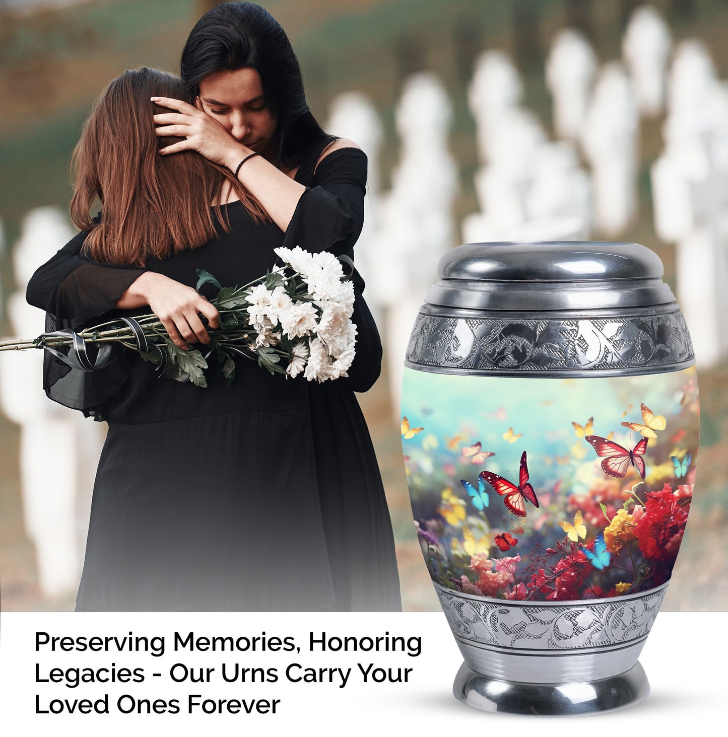 Charming funeral urn for women demonstrating colorful butterflies symbolizing spirit ascension, excellent for human ashes storage