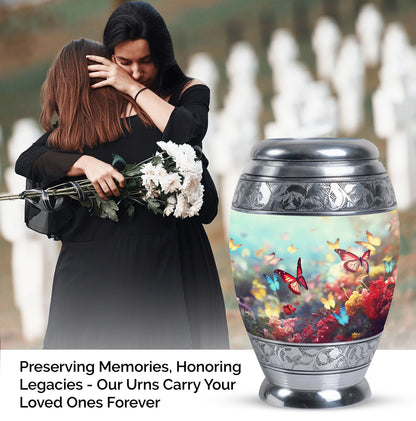 Charming funeral urn for women demonstrating colorful butterflies symbolizing spirit ascension, excellent for human ashes storage