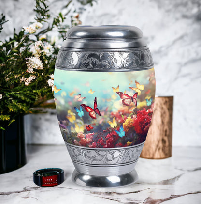 Charming funeral urn for women demonstrating colorful butterflies symbolizing spirit ascension, excellent for human ashes storage