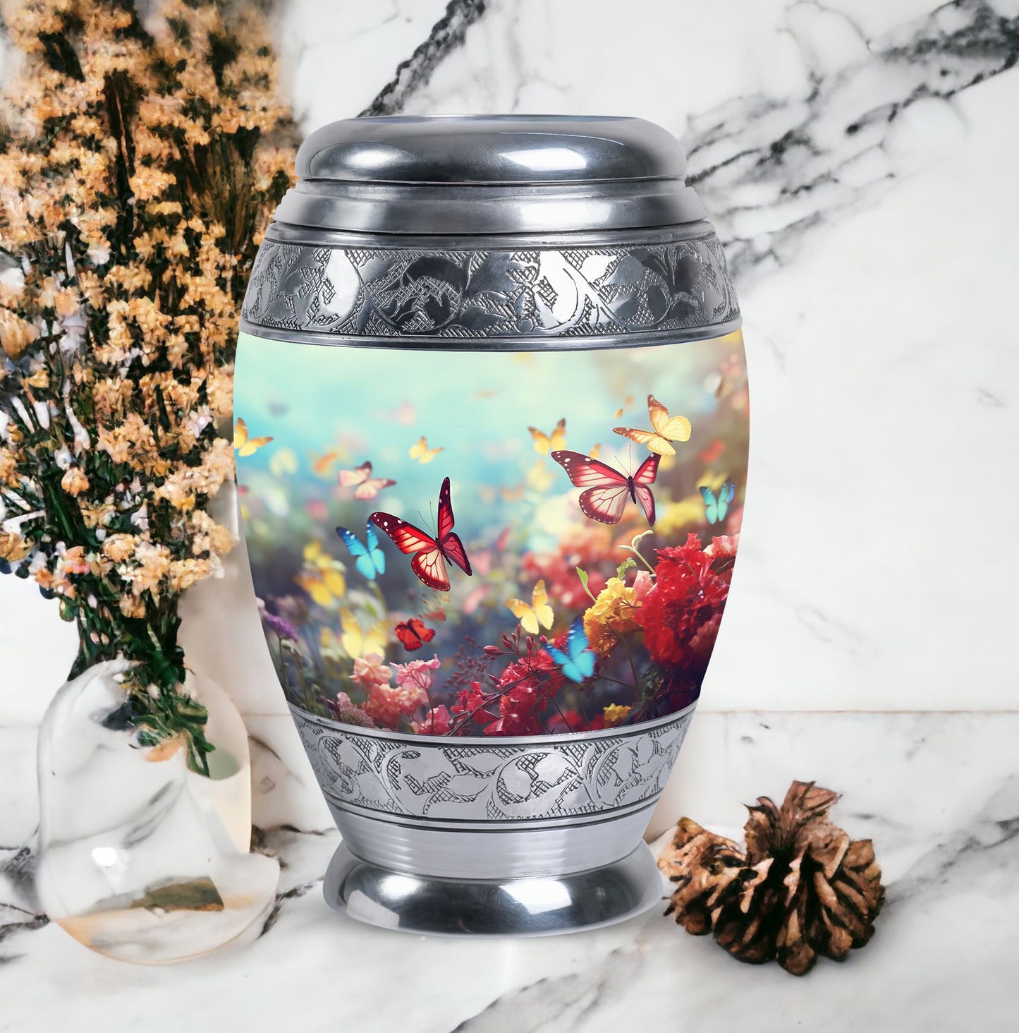 Charming funeral urn for women demonstrating colorful butterflies symbolizing spirit ascension, excellent for human ashes storage
