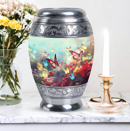 Charming funeral urn for women demonstrating colorful butterflies symbolizing spirit ascension, excellent for human ashes storage