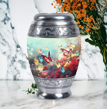 Charming funeral urn for women demonstrating colorful butterflies symbolizing spirit ascension, excellent for human ashes storage
