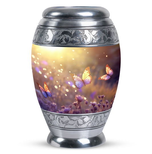 Morning Butterflies Urn, large aluminium cremation urn for adult ashes, personalized with engraved names and bird design, package includes velvet pouch.