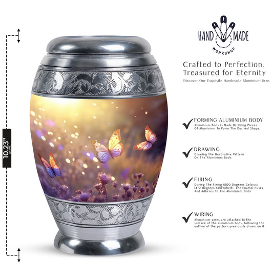 Morning Butterflies Urn, large aluminium cremation urn for adult ashes, personalized with engraved names and bird design, package includes velvet pouch.