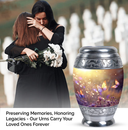 Morning Butterflies Urn, large aluminium cremation urn for adult ashes, personalized with engraved names and bird design, package includes velvet pouch.