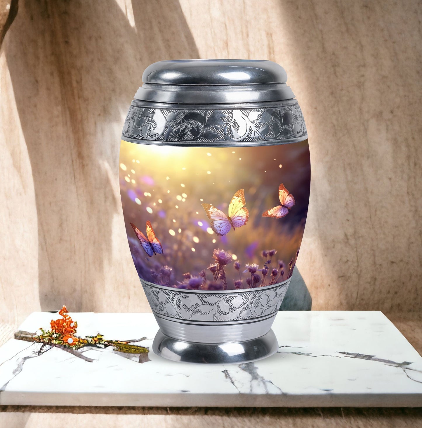 Morning Butterflies Urn, large aluminium cremation urn for adult ashes, personalized with engraved names and bird design, package includes velvet pouch.
