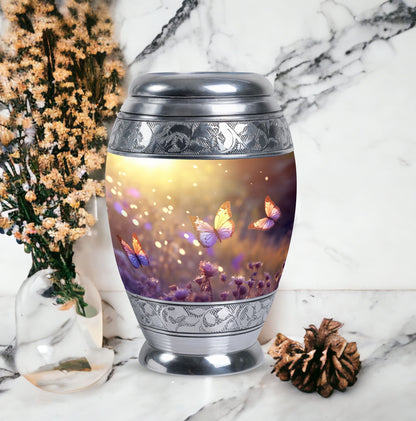 Morning Butterflies Urn, large aluminium cremation urn for adult ashes, personalized with engraved names and bird design, package includes velvet pouch.
