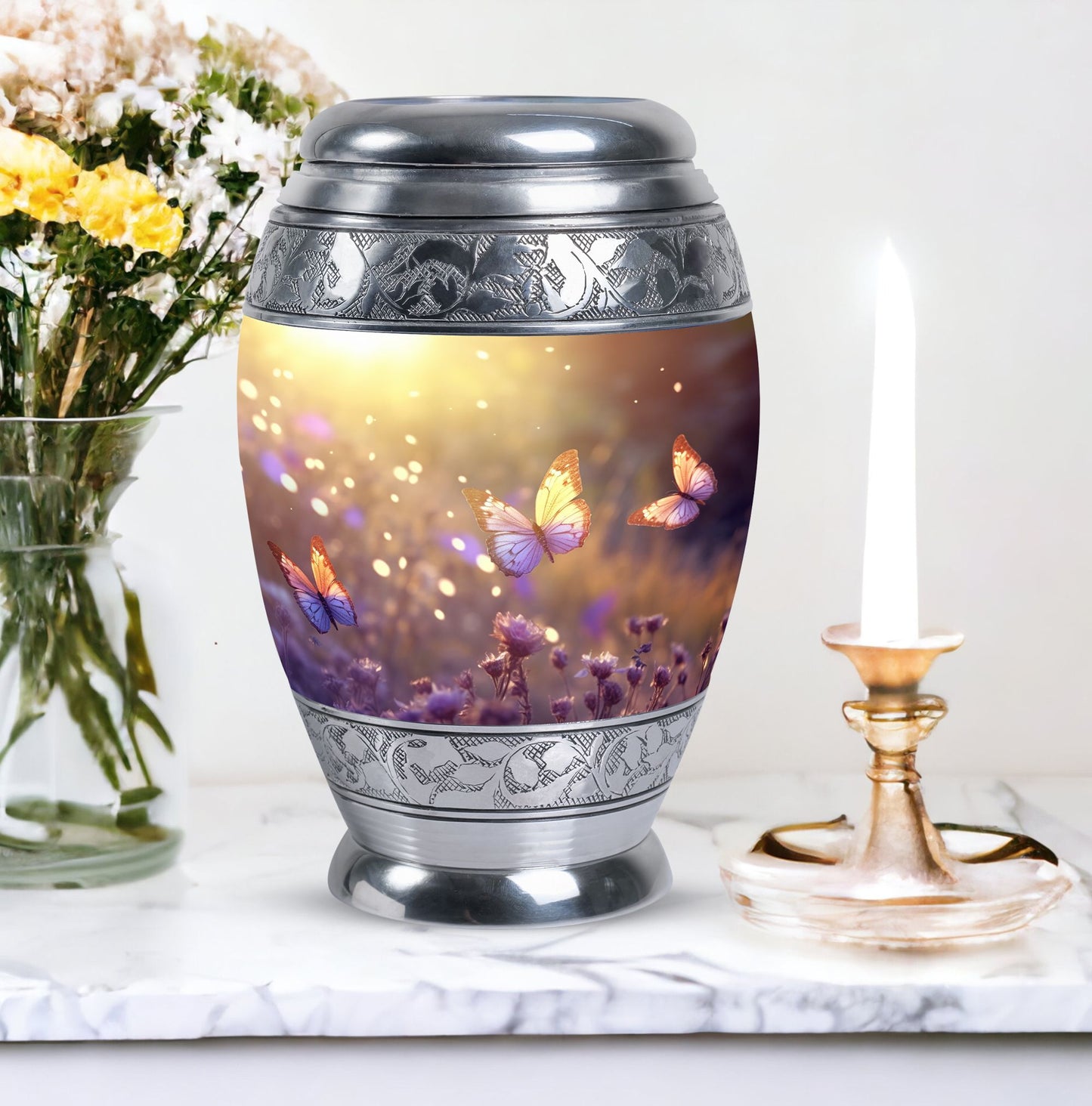 Morning Butterflies Urn, large aluminium cremation urn for adult ashes, personalized with engraved names and bird design, package includes velvet pouch.