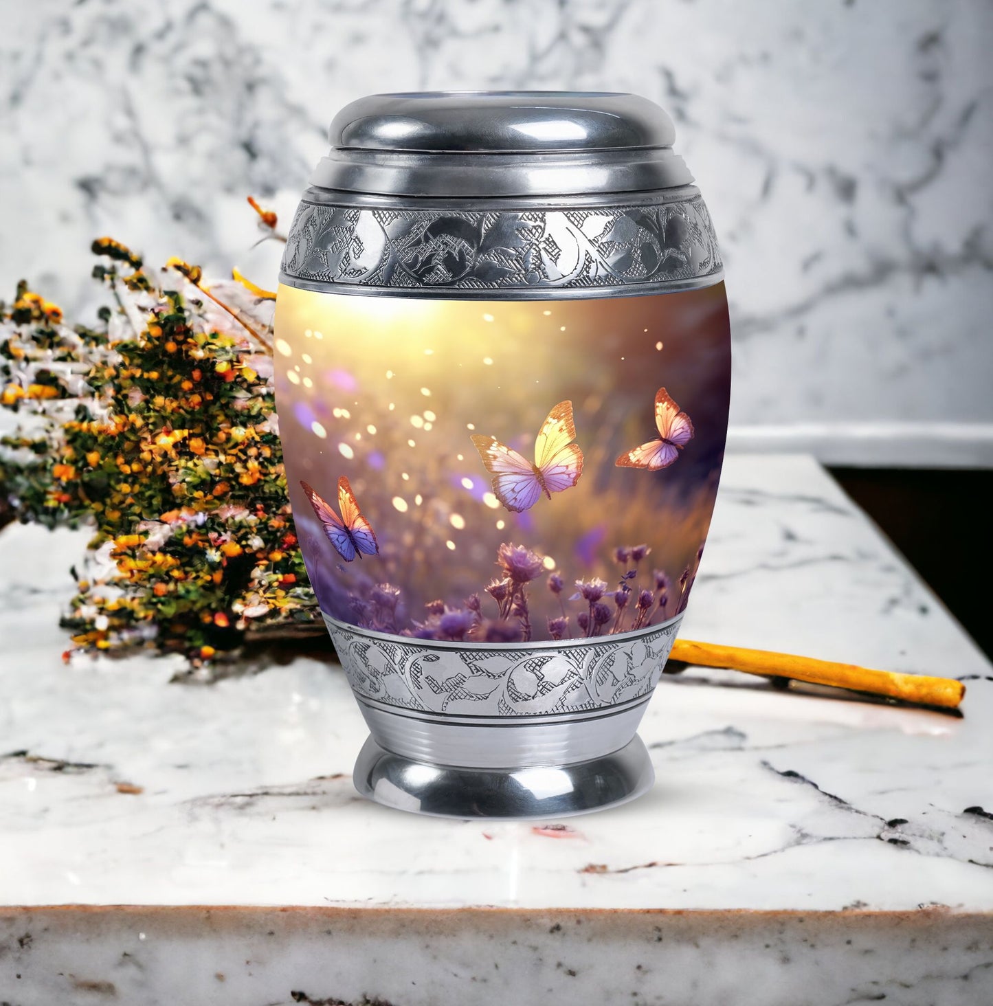 Morning Butterflies Urn, large aluminium cremation urn for adult ashes, personalized with engraved names and bird design, package includes velvet pouch.