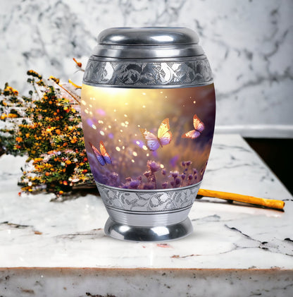 Morning Butterflies Urn, large aluminium cremation urn for adult ashes, personalized with engraved names and bird design, package includes velvet pouch.