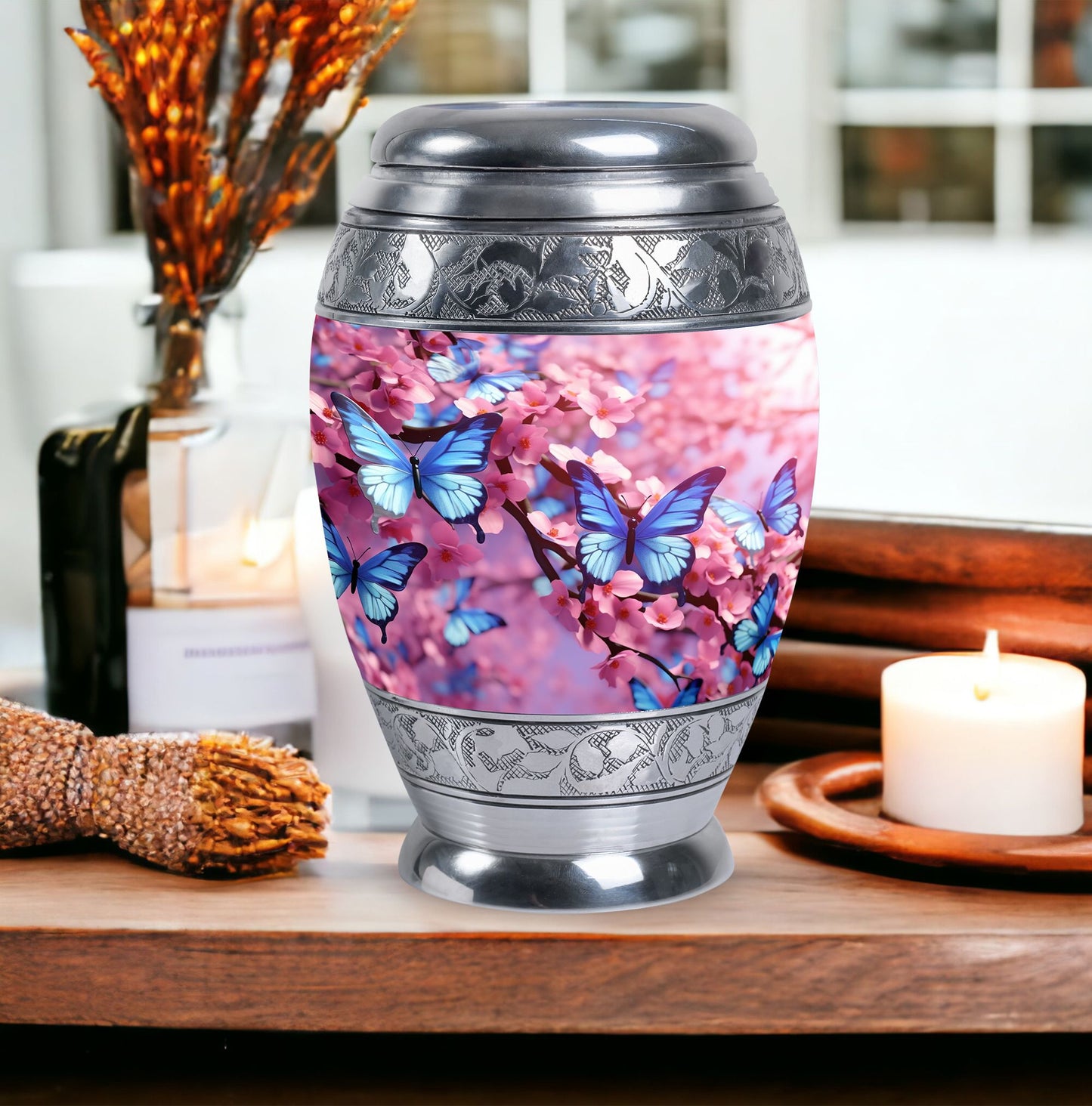 Large 3-inch Colorful Butterflies Urn.
