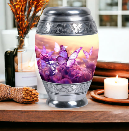 Colorful Butterflies Cremation Urn in classic design.
