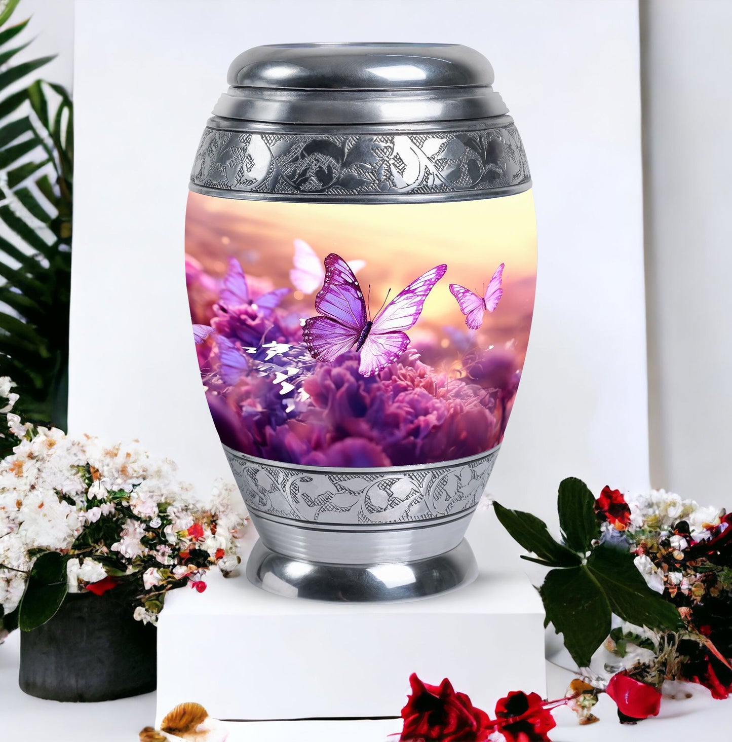 Colorful Butterflies Cremation Urn in classic design.