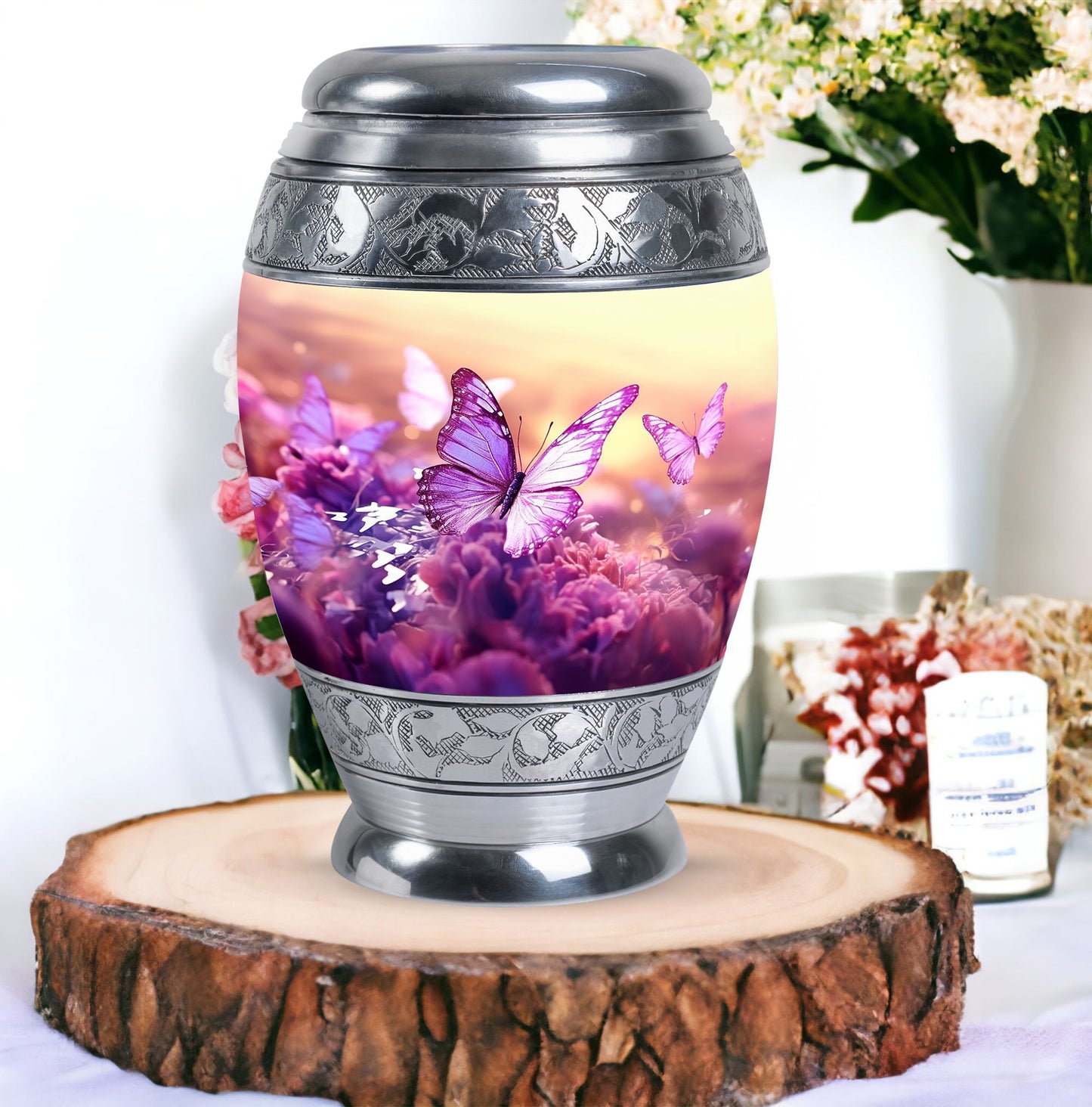 Colorful Butterflies Cremation Urn in classic design.