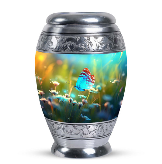 Classic urn with Purple Butterflies for cremation ashes.