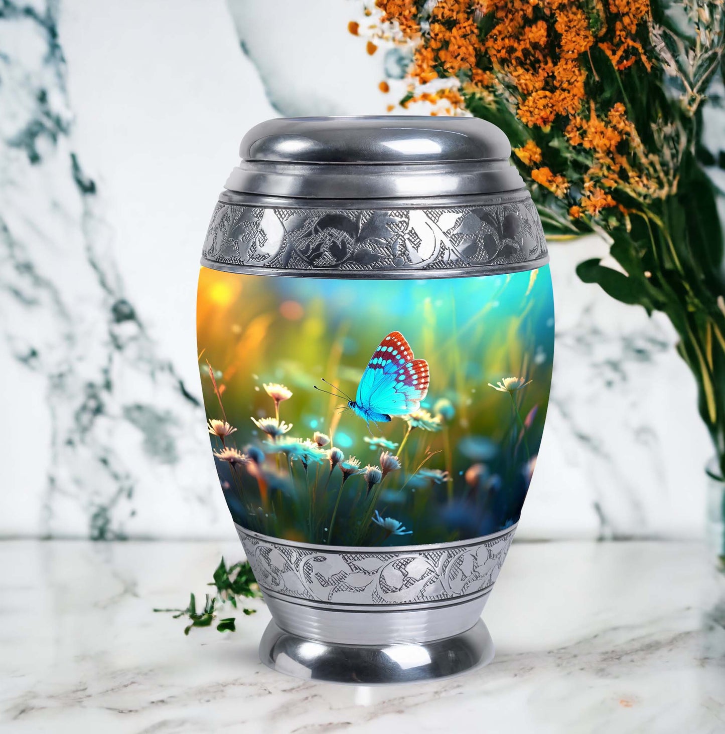 Classic urn with Purple Butterflies for cremation ashes.