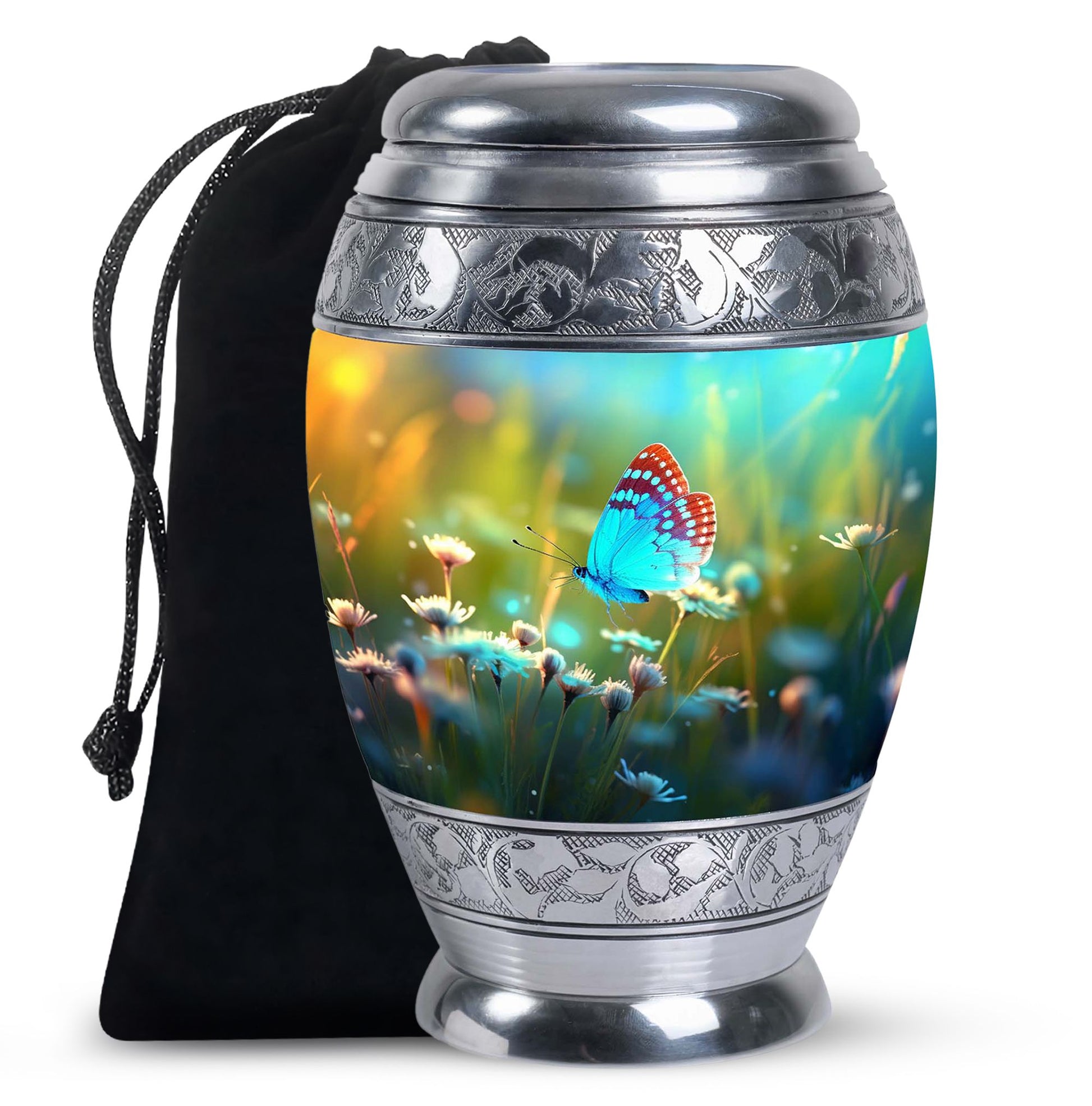Beautiful Blue Butterfly On Flowers - Premium Customized Urn For Ashes