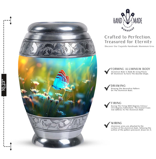 Classic urn with Purple Butterflies for cremation ashes.