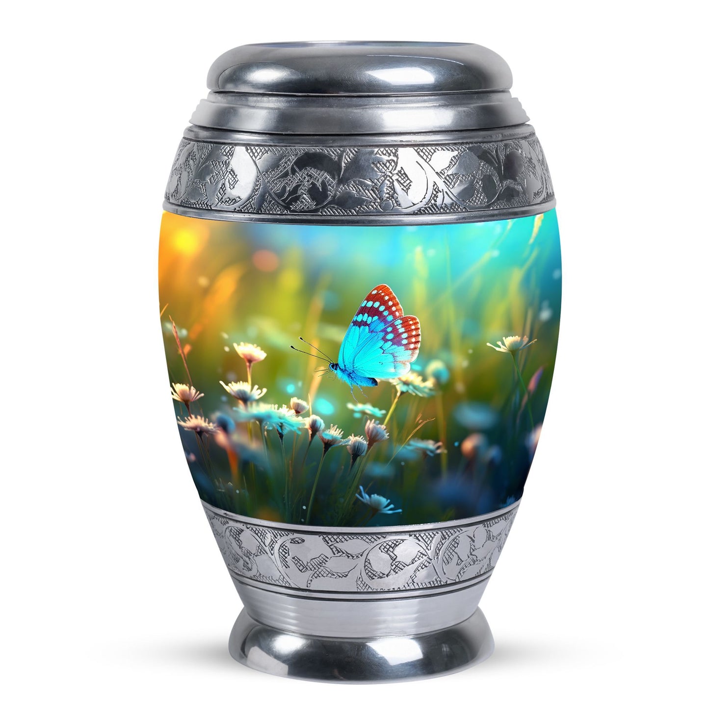 Classic urn with Purple Butterflies for cremation ashes.