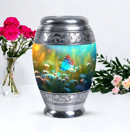 Classic urn with Purple Butterflies for cremation ashes.