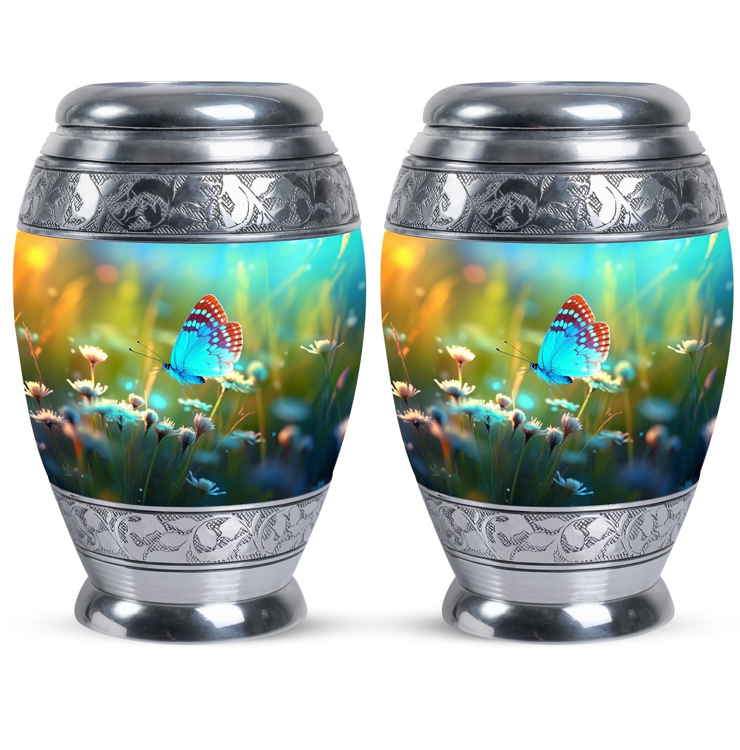 Classic urn with Purple Butterflies for cremation ashes.