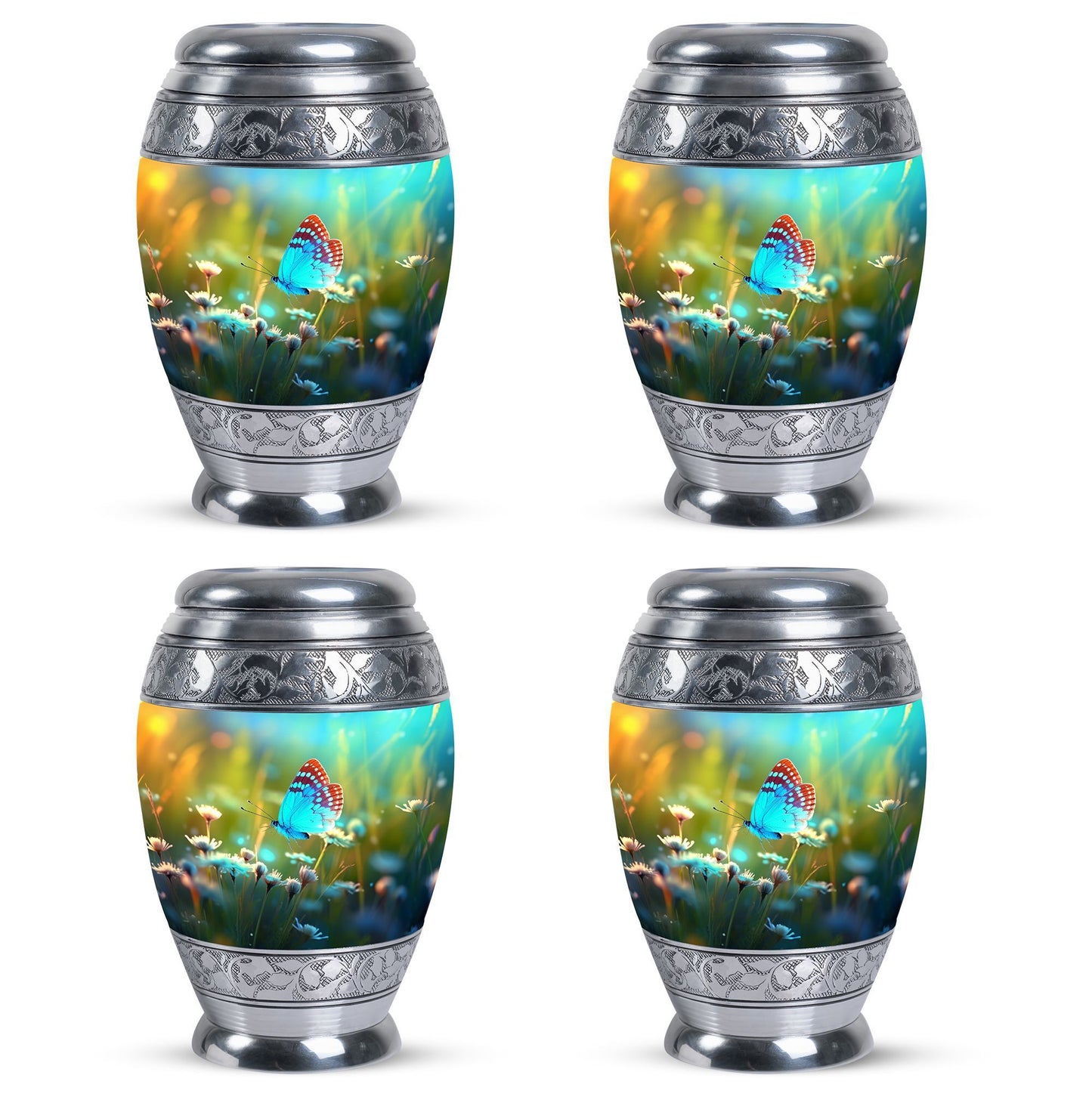 Classic urn with Purple Butterflies for cremation ashes.