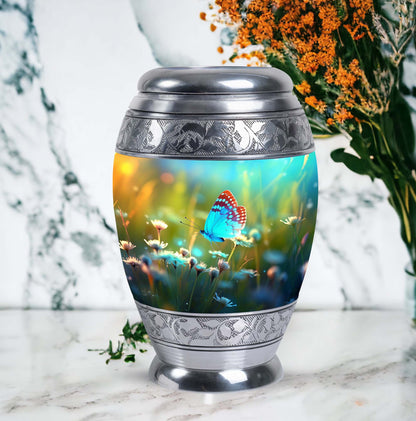 Classic urn with Purple Butterflies for cremation ashes.