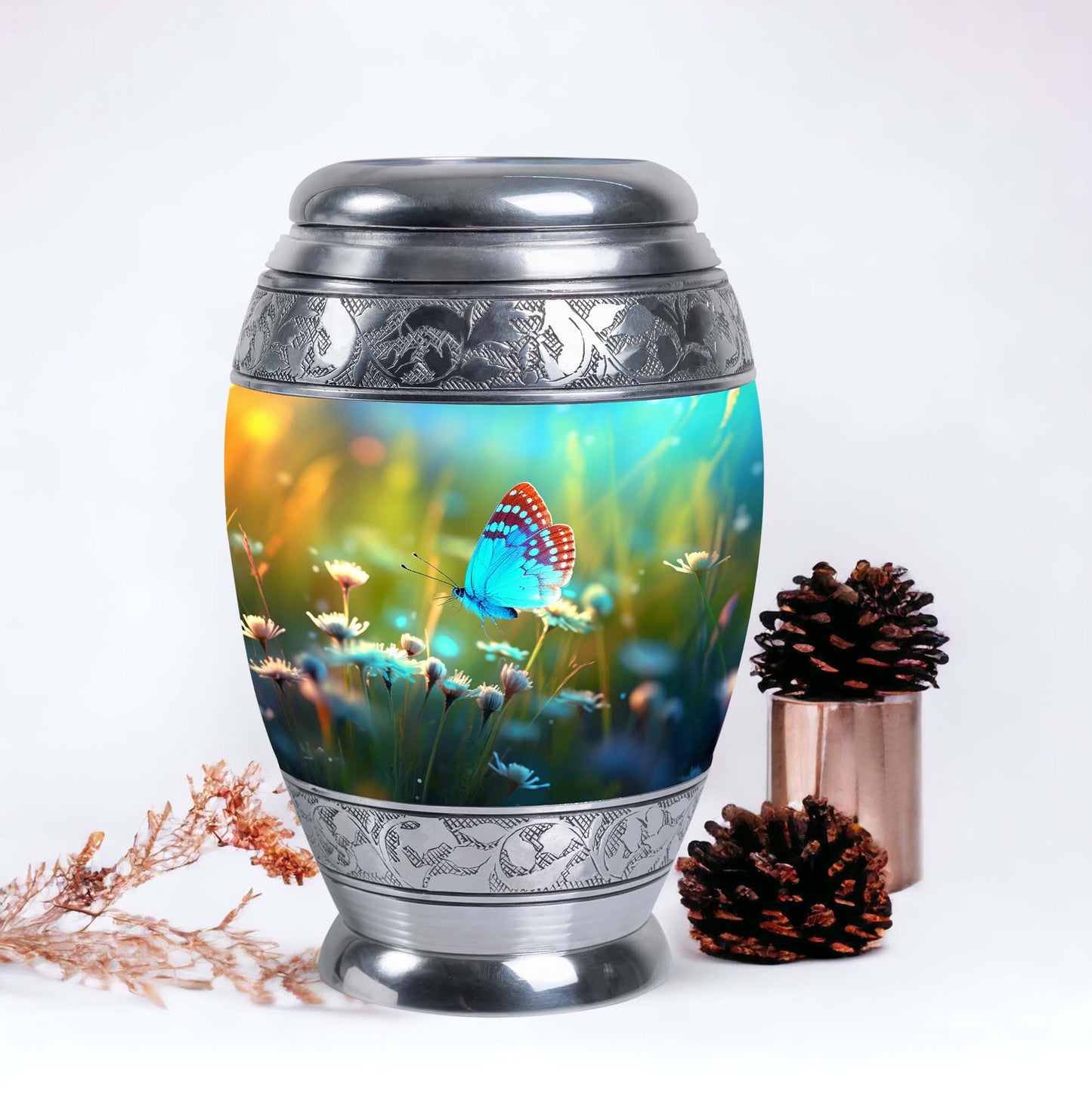 Classic urn with Purple Butterflies for cremation ashes.