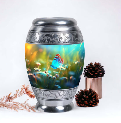Classic urn with Purple Butterflies for cremation ashes.