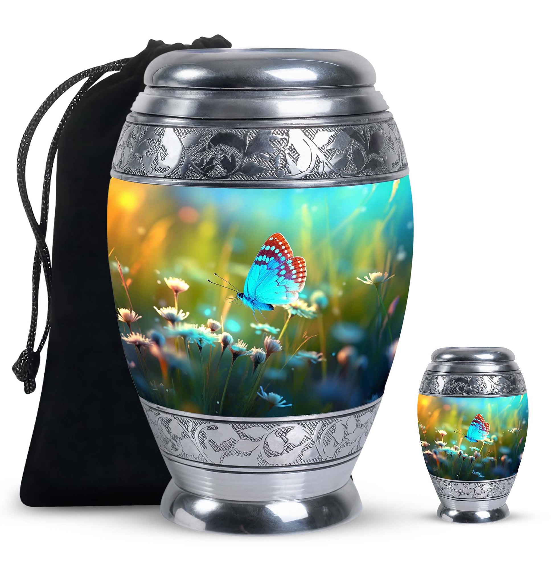 Beautiful Blue Butterfly On Flowers - Premium Customized Urn For Ashes