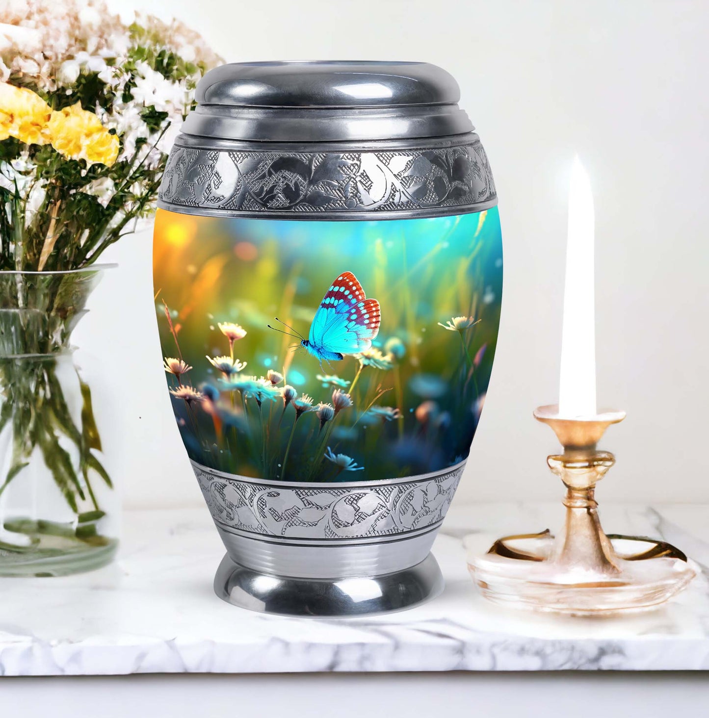 Classic urn with Purple Butterflies for cremation ashes.