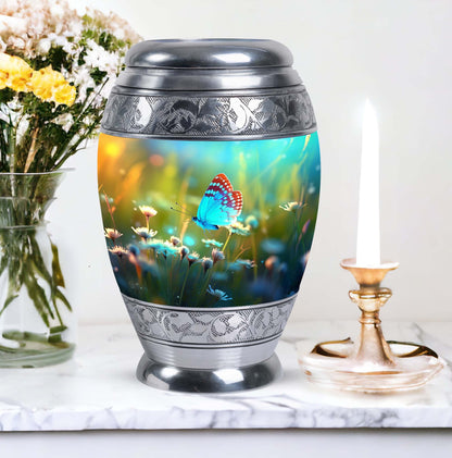 Classic urn with Purple Butterflies for cremation ashes.