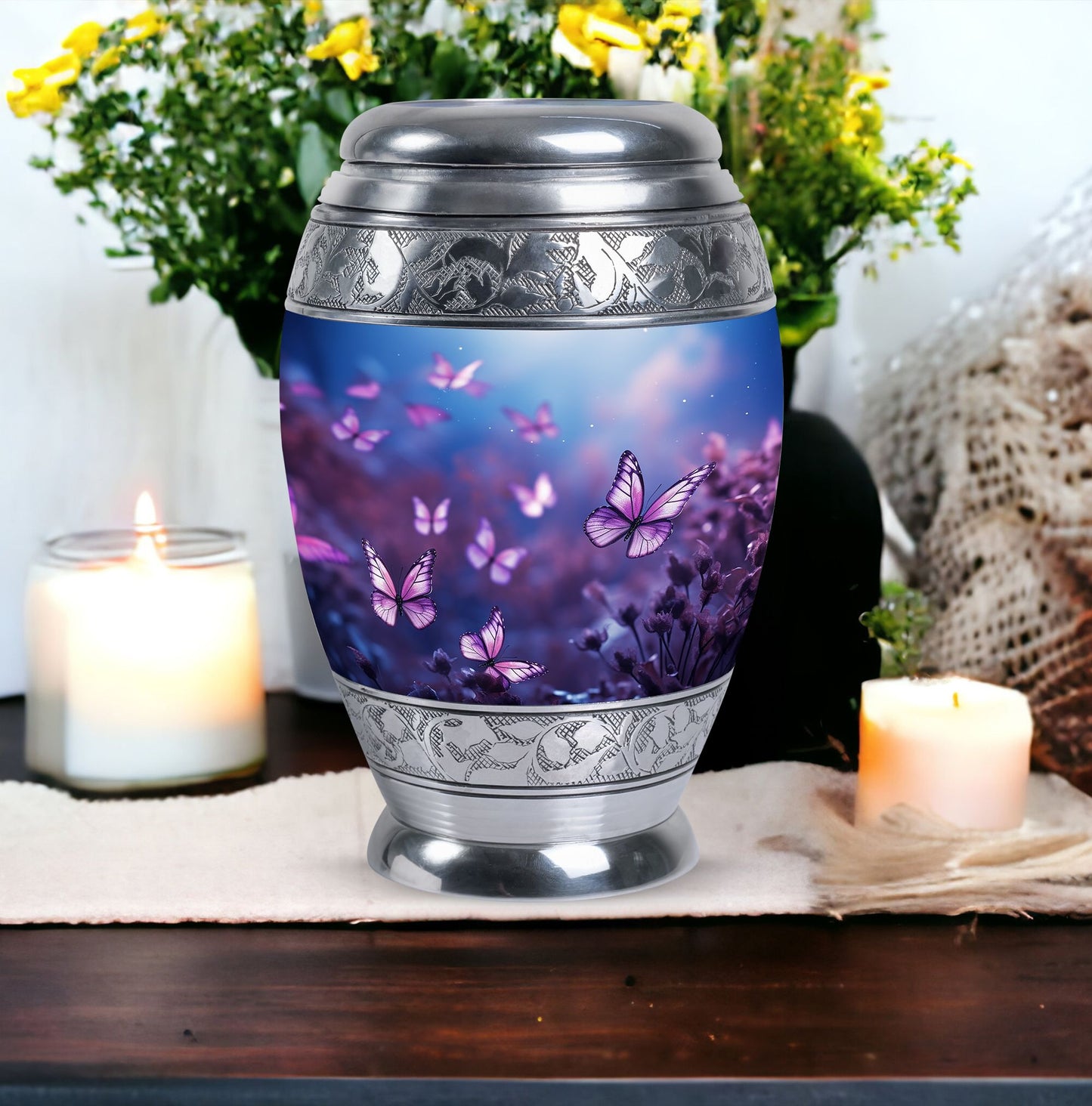 Butterflies in Forest Memorial Urn for human ashes.