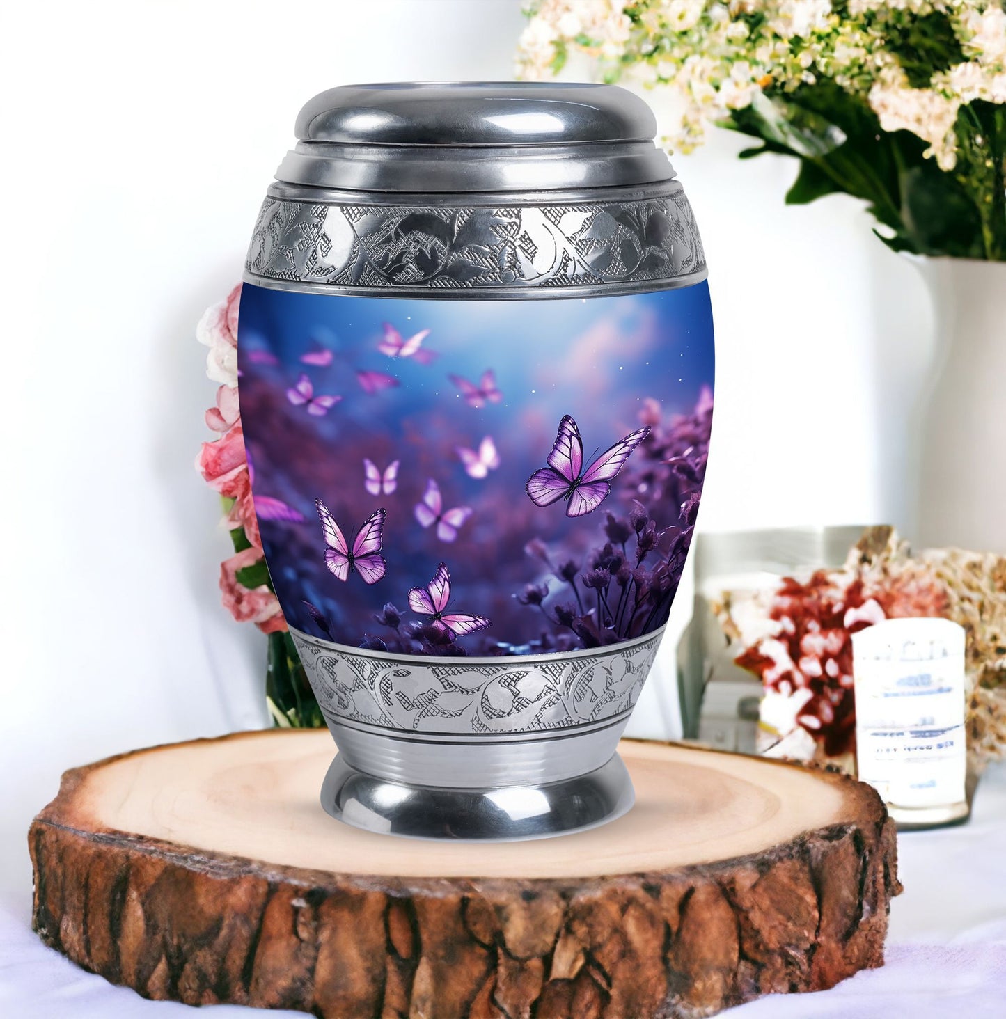 Butterflies in Forest Memorial Urn for human ashes.